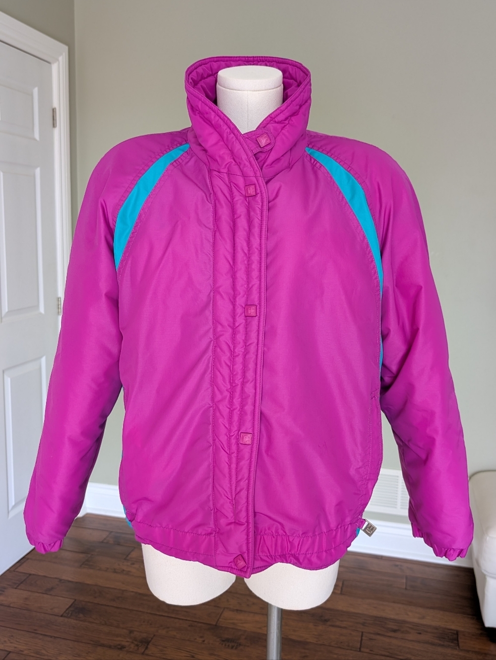 Vintage Europa Women’s Pink Teal Jacket 80s 90s Retro Colorblock Puffer Size 12